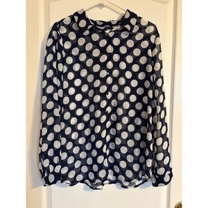 Liz Claiborne Womens Navy Blue White Polka Dot Chiffon Button Down Blouse Large